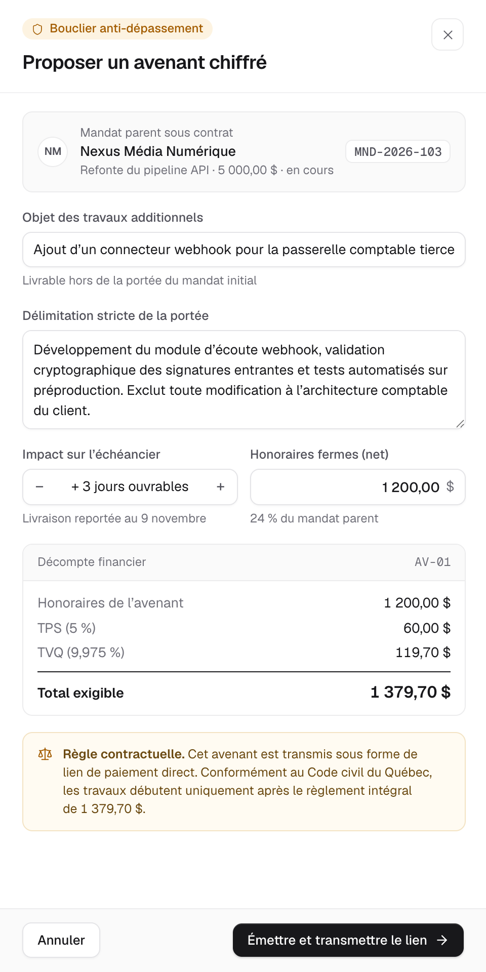 Tiroir Proposer un avenant chiffré