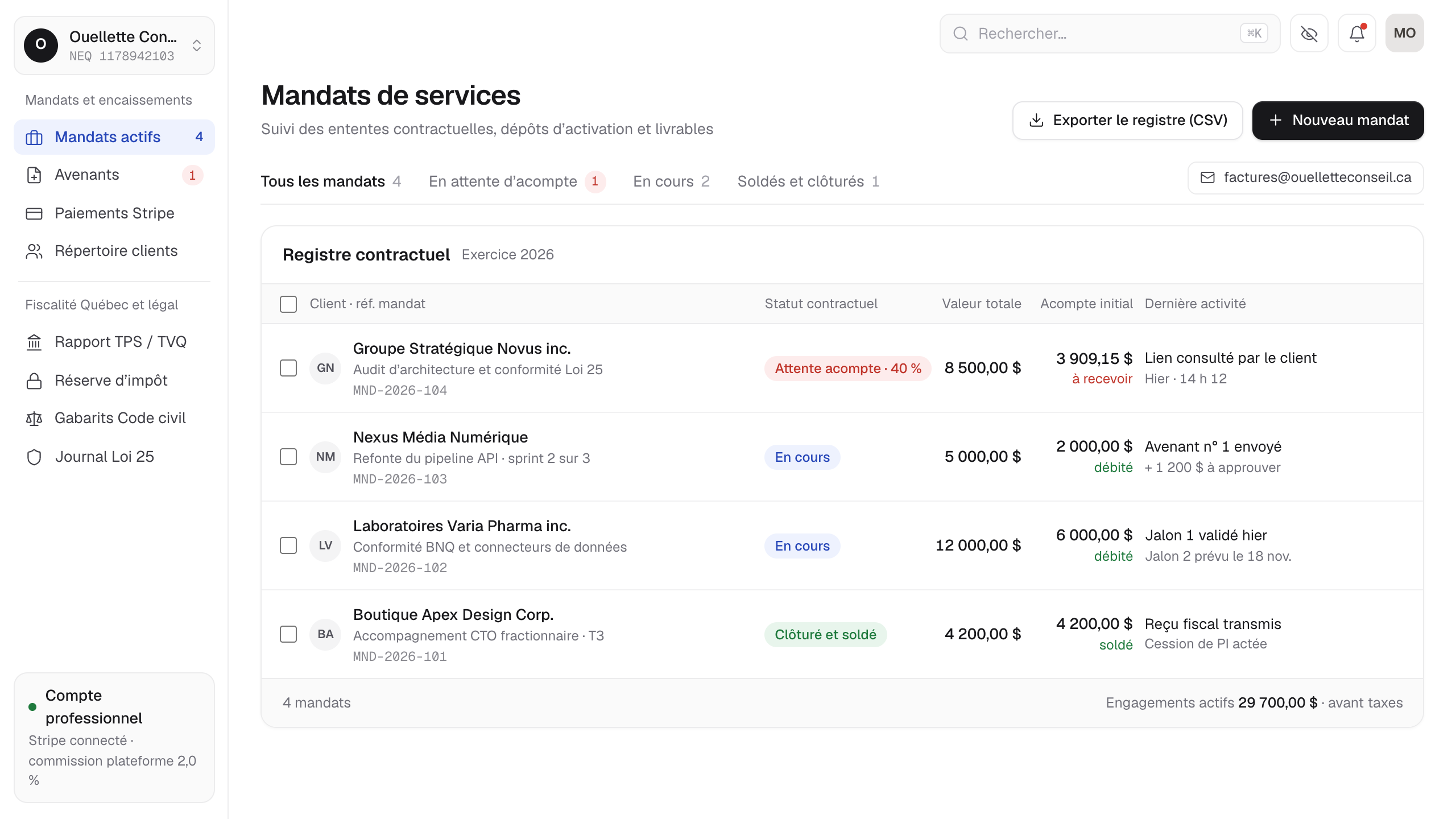 Écran Mandats de services
